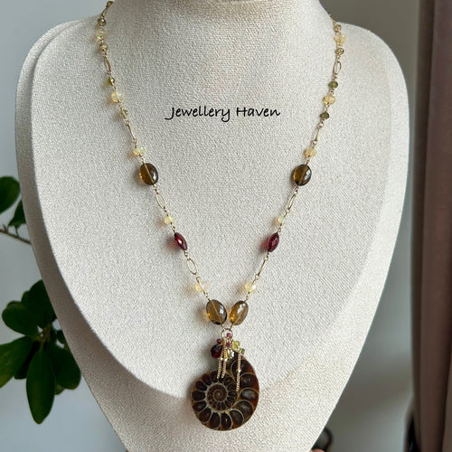 Ammonite, garnet, Ethiopian opal and tourmaline necklace