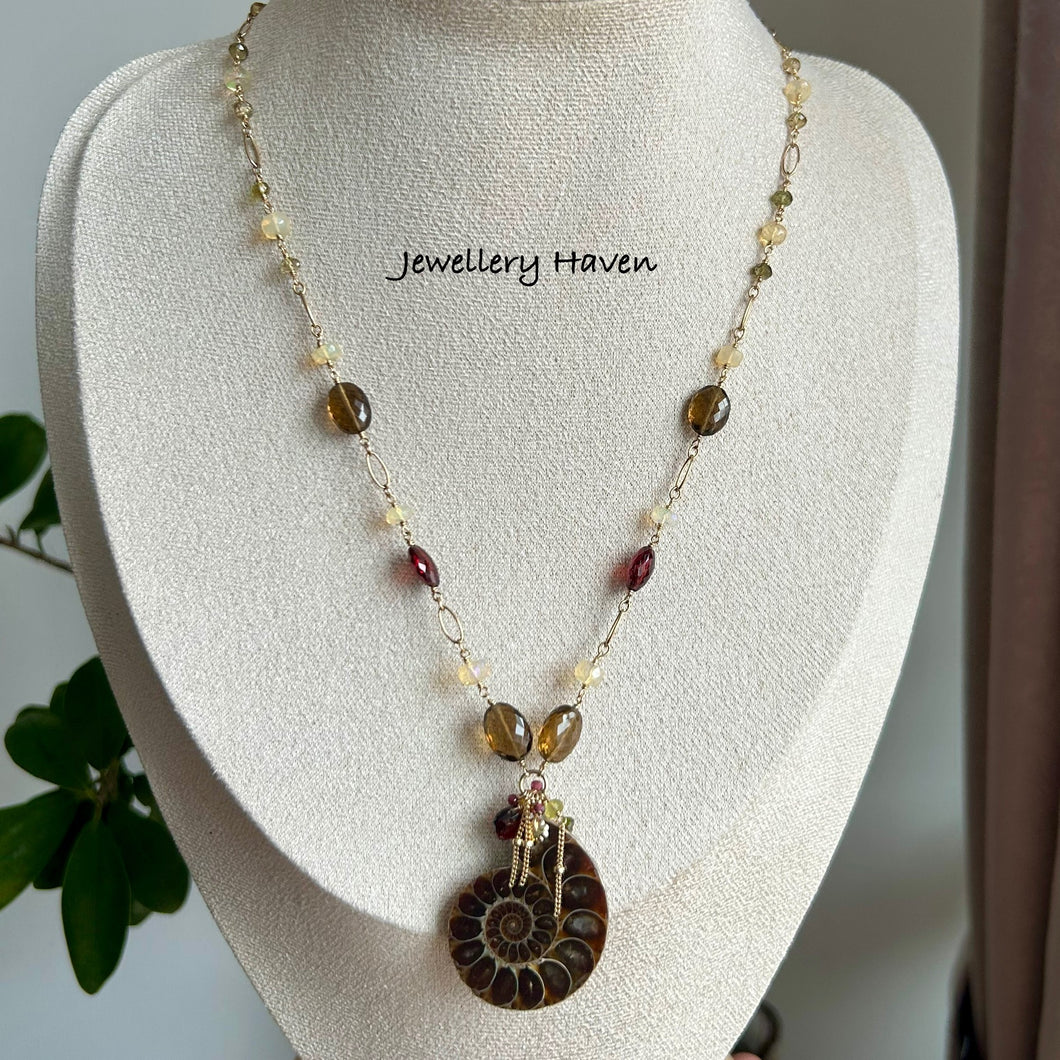 Ammonite, garnet, Ethiopian opal and tourmaline necklace