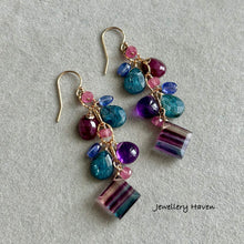 Load image into Gallery viewer, Multi hue banded fluorite, teal kyanite earrings