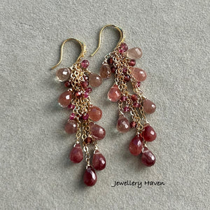 Andesine, pink tourmaline and garnet tassel earrings