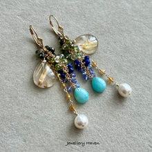 Carica l'immagine nel visualizzatore di Gallery, Golden rutilated quartz, Larimar, pearl earrings