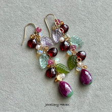 Laden Sie das Bild in den Galerie-Viewer, Ruby zoisite, garnet, fluorite, pink amethyst carved leaf earrings