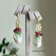Load image into Gallery viewer, Baroque pearl, prehnite and tourmaline earrings