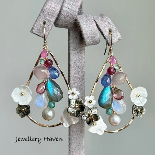 Blush flash labradorite and moonstone chandelier earrings.