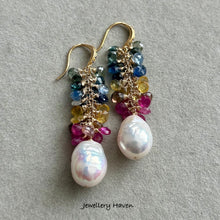 Load image into Gallery viewer, Multi colour sapphires and Edison pearl earrings