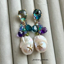 Load image into Gallery viewer, Iridescent starfish baroque pearl and abalone shell earrings