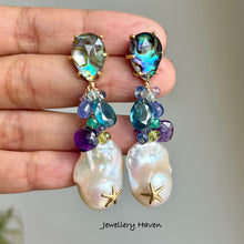 Load image into Gallery viewer, Iridescent starfish baroque pearl and abalone shell earrings