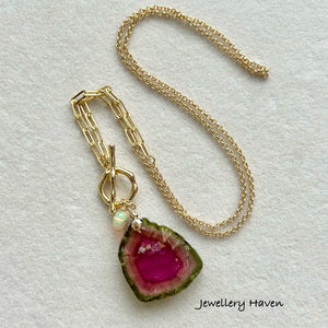 Large Watermelon tourmaline slice toggle necklace