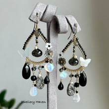 Load image into Gallery viewer, Black spinel, moonstone, snowflake obsidian chandelier earrings