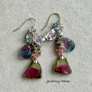 Watermelon tourmaline, fluorite, pink amethyst earrings