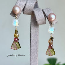 Load image into Gallery viewer, Rare tourmaline slice dangle with round fresh water pearl studs