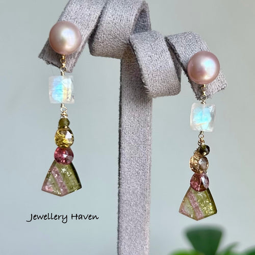 Rare tourmaline slice dangle with round fresh water pearl studs