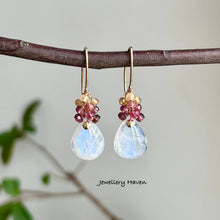 Load image into Gallery viewer, Blue flash moonstone, pink tourmaline, imperial topaz earrings