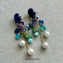 Load image into Gallery viewer, Lapis lazuli, akoya pearls, kyanite, emeralds earrings
