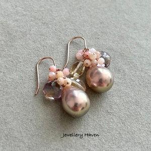 Edison pearl, pink opal, ametrine cluster earrings