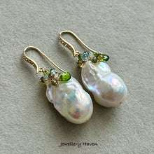 Load image into Gallery viewer, Iridescent baroque pearl, Ethiopian opal and green tourmaline earrings