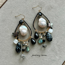 Charger l'image dans la galerie, Baroque pearl, black spinel, snowflake obsidian chandelier earrings