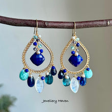 Load image into Gallery viewer, Lapis lazuli, moonstone, larimar, kyanite chandelier earrings