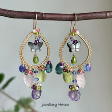 Charger l'image dans la galerie, Mother of pearl butterfly, amethyst, rose quartz, prehnite chandelier earrings