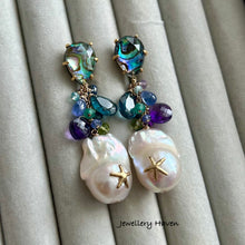 Load image into Gallery viewer, Iridescent starfish baroque pearl and abalone shell earrings