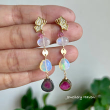 Cargar imagen en el visor de la galería, Watermelon tourmaline, moonstone and opal earrings