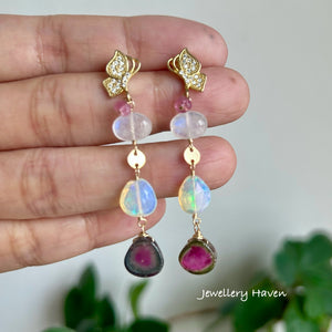 Watermelon tourmaline, moonstone and opal earrings