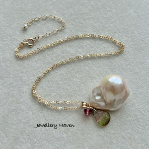 White baroque pearl, tourmaline slice necklace