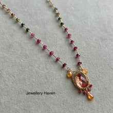 Cargar imagen en el visor de la galería, Red schiller oregon sunstone, tourmaline, spinel and spessartite necklace