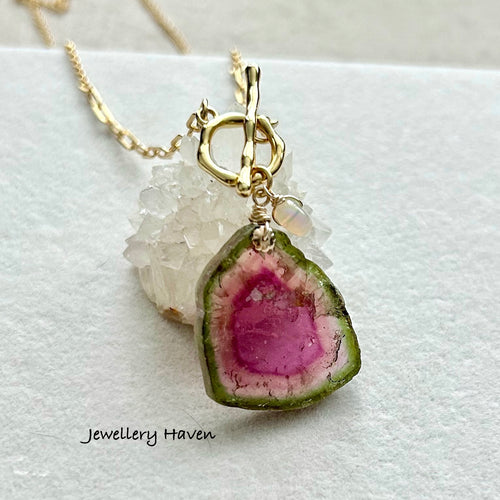 Large Watermelon tourmaline slice toggle necklace