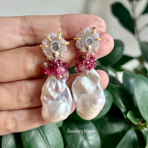 Stalactite stud, baroque pearl and vibrant Pink tourmaline dangle earrings