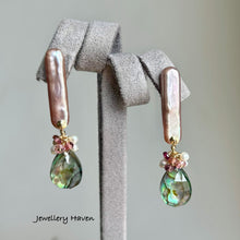 Load image into Gallery viewer, Pink lilac rectangular pearl and abalone shell earrings