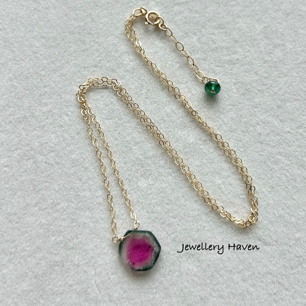 Watermelon tourmaline slice necklace #2 Gold