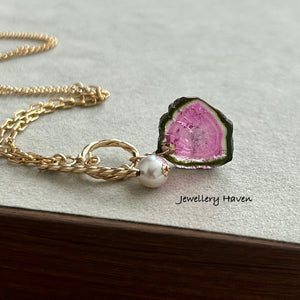 Watermelon tourmaline slice toggle necklace