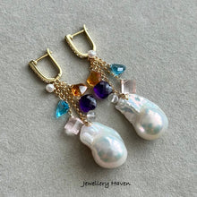 Cargar imagen en el visor de la galería, Baroque pearl, blue topaz, citrine, amethyst and rose quartz earrings