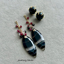 Load image into Gallery viewer, Banded agate, ruby and obsidian stud earrings (detachable dangle)