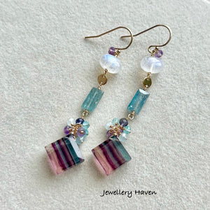 Rainbow fluorite, kyanite and moonstone earrings