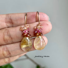 Laden Sie das Bild in den Galerie-Viewer, Golden rutilated quartz, tourmaline, Hessonite garnet earrings