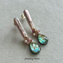 Load image into Gallery viewer, Pink lilac rectangular pearl and abalone shell earrings