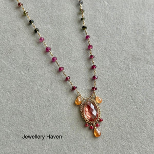 Red schiller oregon sunstone, tourmaline, spinel and spessartite necklace