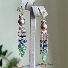 Load image into Gallery viewer, Edison Pearl, kyanite, tanzanite, sugilite and amethyst tassel earrings