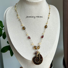 Load image into Gallery viewer, Ammonite, garnet, Ethiopian opal and tourmaline necklace