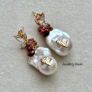 Rainbow iridescent baroque pearl earrings (Maple leaf series)
