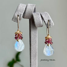 Load image into Gallery viewer, Blue flash moonstone, pink tourmaline, imperial topaz earrings