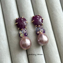 Load image into Gallery viewer, Purplish pink Edison pearl and ruby studs earrings