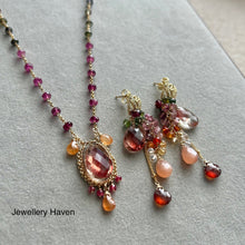 Cargar imagen en el visor de la galería, Red schiller oregon sunstone, tourmaline, spinel and spessartite necklace