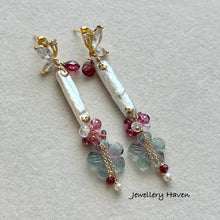 Load image into Gallery viewer, Fluorite flower and elongated pearl earrings