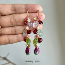 Laden Sie das Bild in den Galerie-Viewer, Ruby zoisite, garnet, fluorite, pink amethyst carved leaf earrings