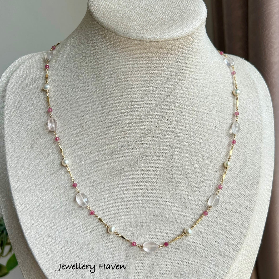 Rose Quartz, pink tourmaline and pearl necklace