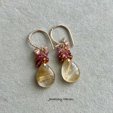 Laden Sie das Bild in den Galerie-Viewer, Golden rutilated quartz, tourmaline, Hessonite garnet earrings