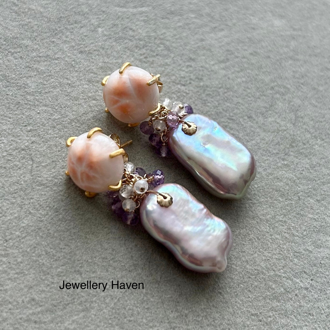 Pink Natrolite studs with metallic iridescent lavender pearl dangle earrings (detachable)